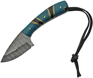 Damascus 7.25" Hunter Turquoise Black & Blue Synthetic handle + Leather Sheath 1233tr