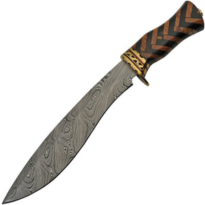 Damascus 14.75" Braided Wood Bowie Knife + Leather Sheath 1235