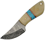 Damascus 6.13" Turquoise & Natural Bone Hunter Knife + Leather Sheath 1238