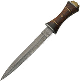 Damascus Brown Wood Handle Dagger + Leather Sheath 1242