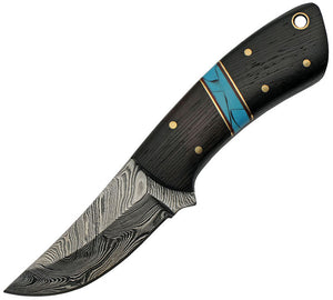 Damascus 6.25" Wenge Wood and Turquoise Fixed Blade + Leather Sheath 1243