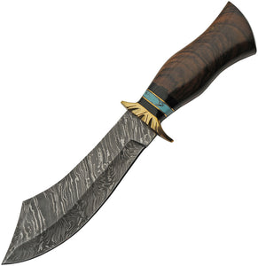 Damascus Scimitar Wood & Turquoise Bowie Knife + Leather sheath 1252