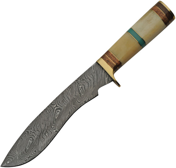 Damascus Turquoise Bone Hunter Knife + Sheath 1255