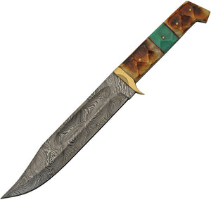 Damascus Burnt Bone/Turquiose Fixed Blade Bowie Knife w/ Belt Sheath 1256