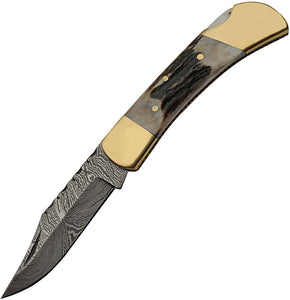 Damascus Stag Lockback Folding Pocket Knife  1257sg