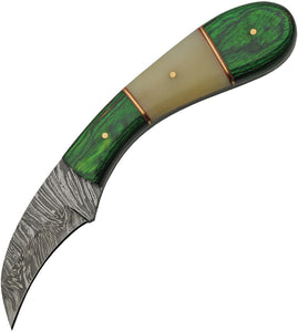 Damascus Hook Hunter Green Horn and Bone Knife + Sheath 1260gn