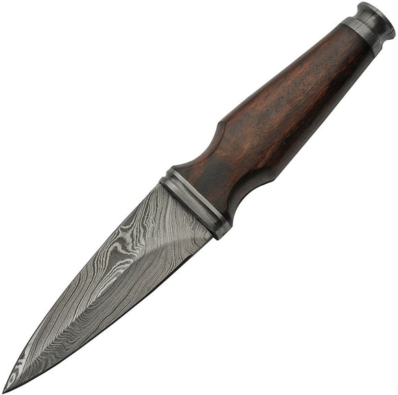 Damascus Sgian Dubh Brown Wood Fixed Blade Knife w/ Leather Belt Sheath 1263