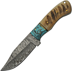 Damascus Hunter Ram's Horn/Turquoise Clip Point Fixed Blade Knife w/ Sheath 1273