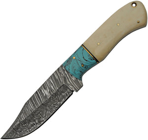 Damascus Hunter Bone/Turquoise Clip Point Fixed Blade Knife w/ Sheath 1275