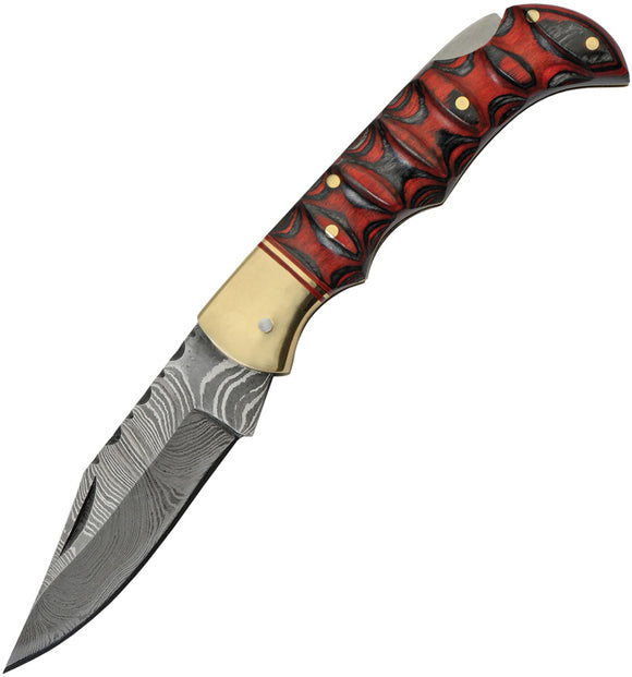 Damascus Lockback Red & Black Sculpted Wood Folding Clip Point Blade 1284