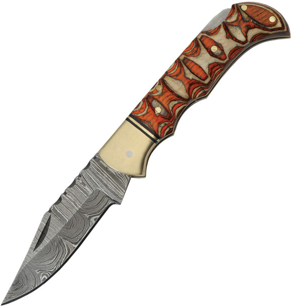 Damascus Twisted Wood Pocket Knife Lockback Brown & Tan Folding Clip Point 1285