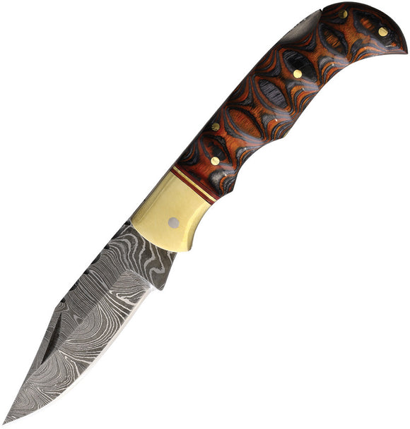 Damascus Twisted Wood Lockback Black/Brown Folding Clip Point Pocket Knife 1286