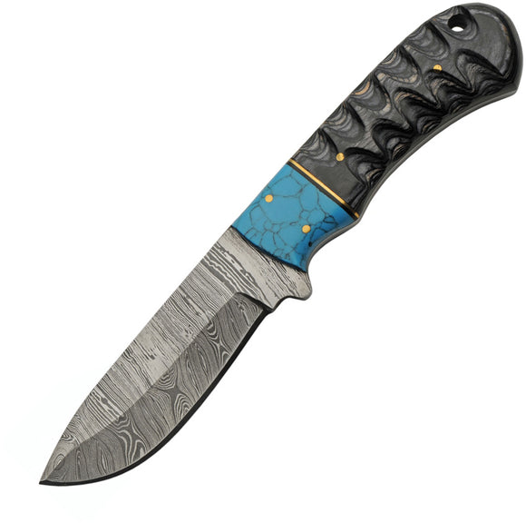 Damascus Dusk At Dawn Hunter Fixed Blade Knife Black & Blue Wood w/ Sheath 1297