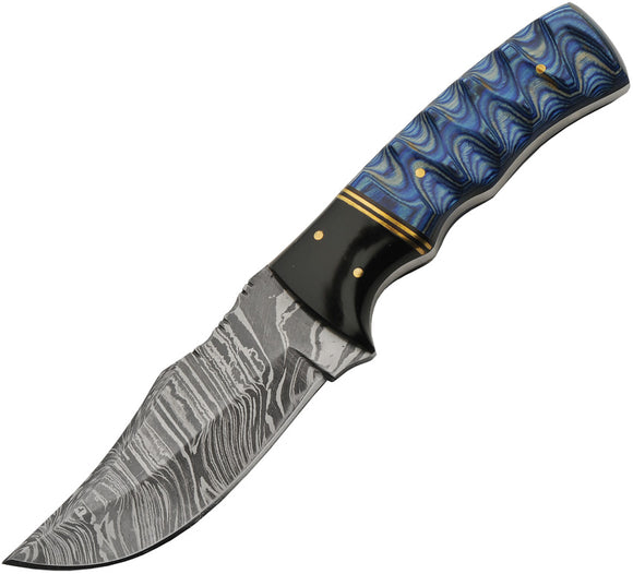 Damascus Blue Lake Ripple Hunter Pakkawood Damascus Fixed Blade Knife 1302BL