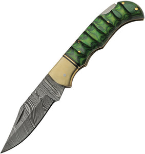 Damascus Grooved Pocket Knife Lockback Green Pakkawood Folding Clip Point 1303GN