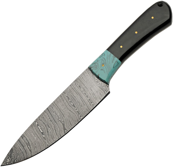 Damascus Hunter Fixed Blade Knife Black Horn Drop Point w/ Belt Sheath 1304