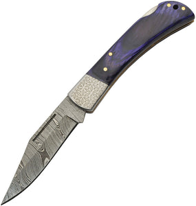 Damascus Opal Blue Pocket Knife Lockback Pakkawood Folding Clip Point Blade 1310