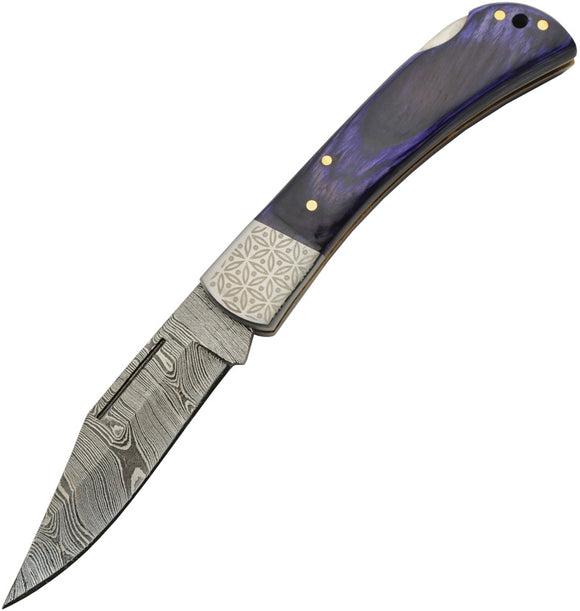 Damascus Opal Blue Pocket Knife Lockback Pakkawood Folding Clip Point Blade 1310