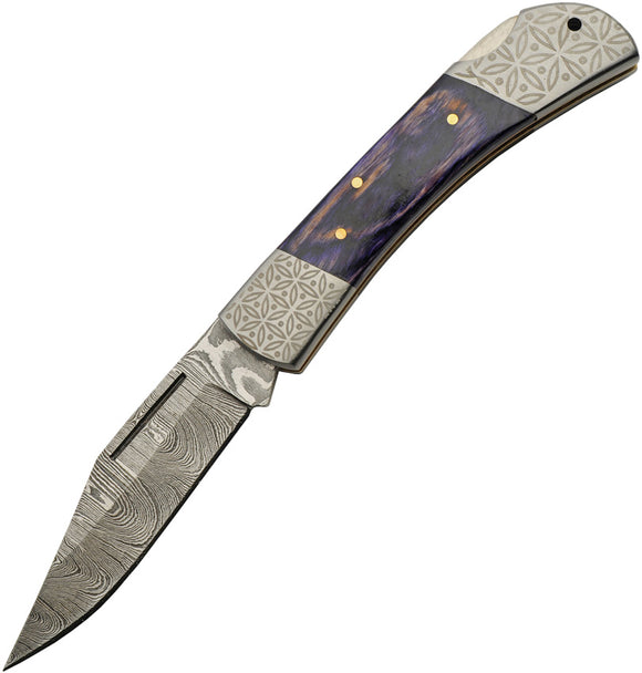 Damascus Opal Blue Pocket Knife Lockback Pakkawood Folding Clip Point Blade 1311