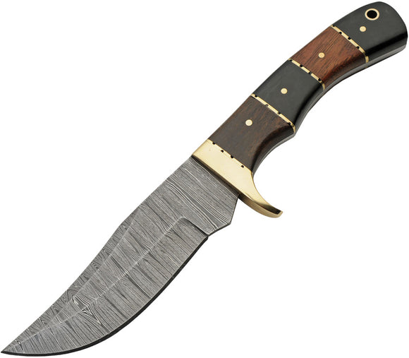 Damascus Hunter Fixed Blade Knife Horn & Walnut Clip Point w/ Belt Sheath 1313HW