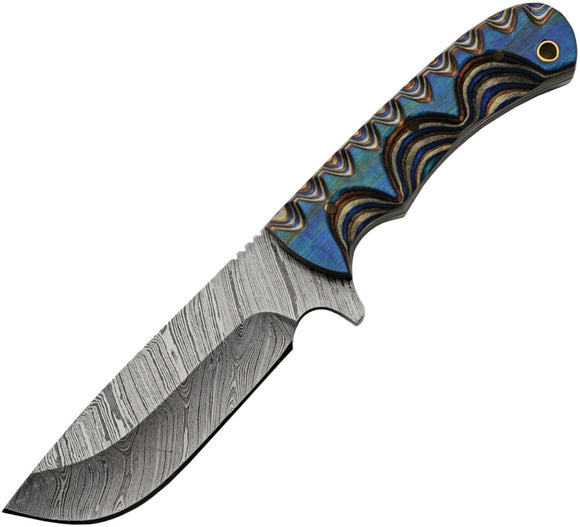 Damascus Blue River Hunter Smooth Pakkawood Damascus Fixed Blade Knife 1334