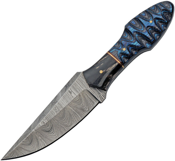 Damascus Ocean Ripple Hunter Blue & Black Wood Damascus Fixed Blade Knife 1358