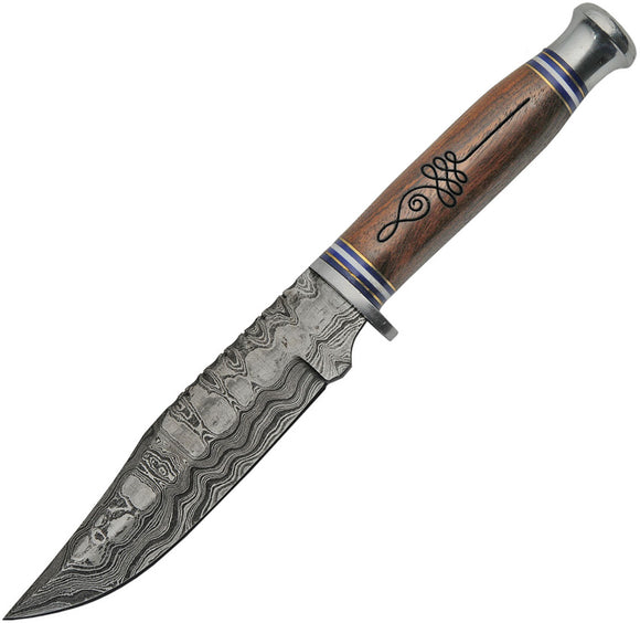 Damascus Hunter Borwn Wood Handle Clip Point Fixed Blade Knife w/ Sheath 806