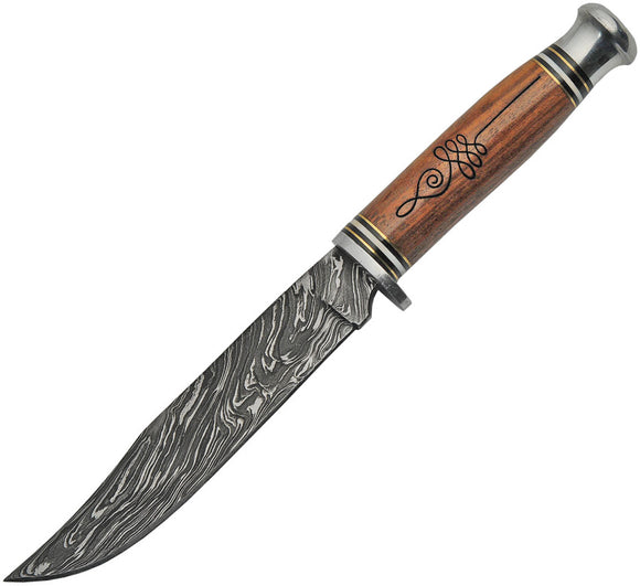 Damascus Hunter Brown Wood Handle Clip Point Fixed Blade Knife w/ Sheath 807