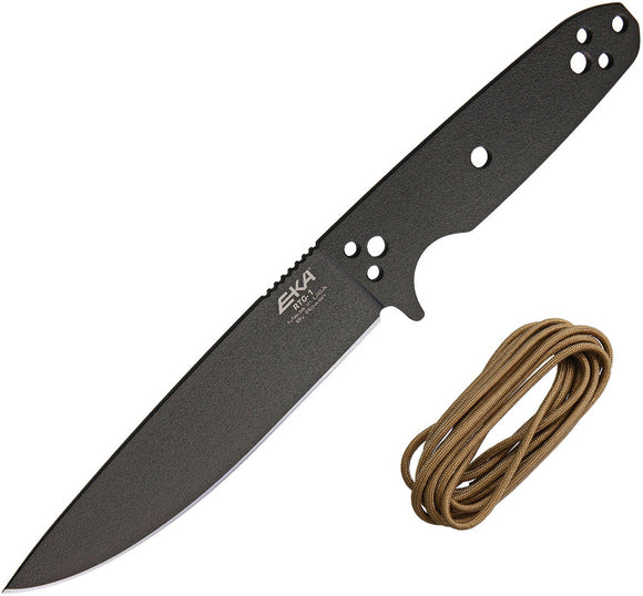 EKA RTG-1 Black Powder Coat 1095HC Drop Pt Fixed Blade Knife w/ Tan Cord 50040