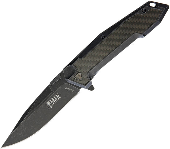 Elite Tactical Framelock Black Stonewash & Carbon Fiber Folding Knife