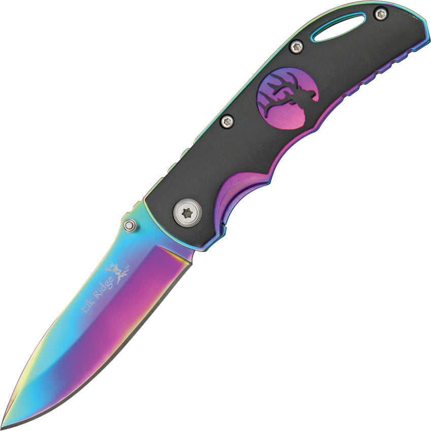 Elk Ridge Rainbow Linerlock Black Aluminum Folding 440 Pocket Knife 13 ...