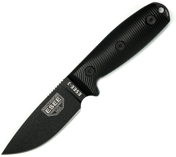 ESEE Model 3 Black 3D G10 1095HC Steel Fixed Blade Knife w/ Belt Sheath 3PMB001