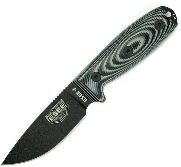 ESEE Model 3 Black & Gray 3D G10 1095HC Fixed Blade Knife w/ Belt Sheath 3PMB002