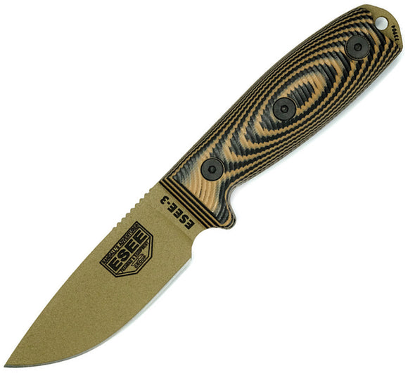 ESEE Model 3 Black & Brown 3D G10 DE 1095HC Fixed Blade Knife w/ Sheath 3PMDE005