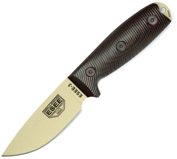 ESEE Model 3 Black & Red 3D G10 Tan 1095HC Fixed Blade Knife w/ Sheath 3PMDT004