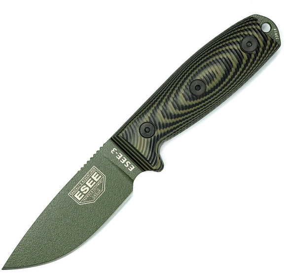 ESEE Model 3 Black & Green 3D G10 1095HC Fixed Blade Knife w/ Sheath 3PMOD003