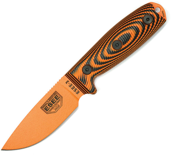 ESEE Model 3 Orange & Black Sprial G10 1095HC Stainless Steel Fixed Blade Knife w/ Sheath 3PMOR006