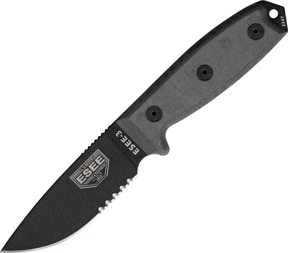 ESEE Model 3 Part Serrated Edge Fixed Blade Super Tuff Knife 1095 Carbon 3SKO