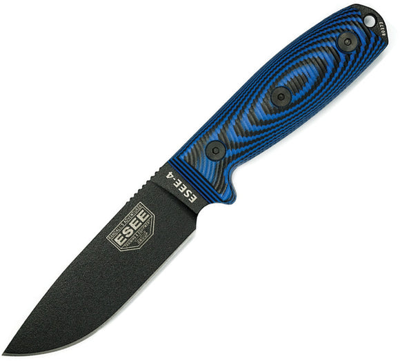 ESEE Model 4 Black & Blue 3D G10 1095HC Fixed Blade Knife w/ Belt Sheath 4PB008