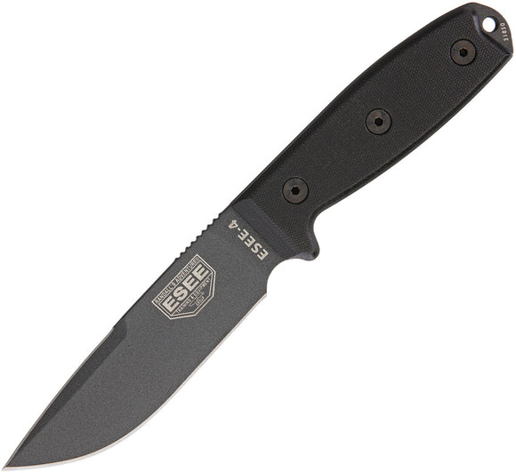 ESEE Model 4 Tactical Fixed Blade Black Handle Knife w/ Lanyard Sheath 4PCPTGB