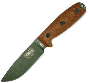 ESEE Model 4 9" Natural Canvas Micarta handle OD Green powder coated 1095hc Fixed Blade Knife + Sheath od011