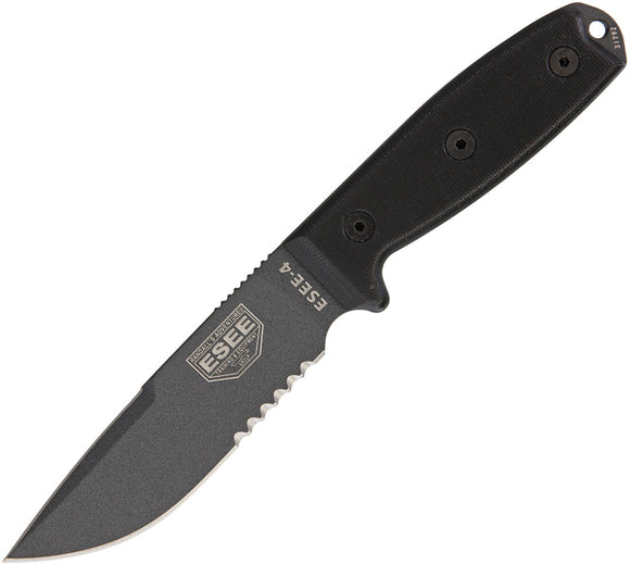 ESEE Model 4 Serrated Tactical Fixed Blade Black Handle Knife + Sheath 4SCPTGB