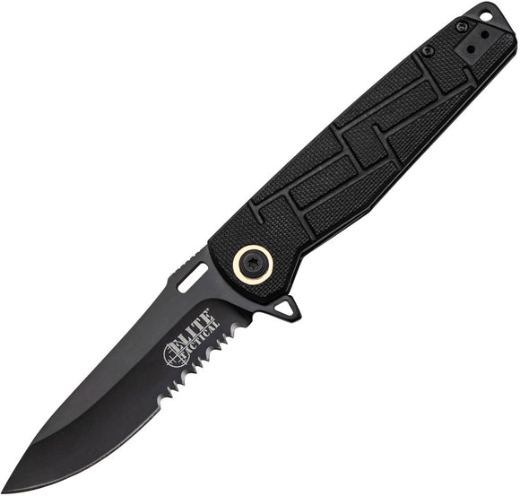 Elite Tactical Pocket Knife Linerlock Black Folding 8Cr13 Serrated Blade A001BKS