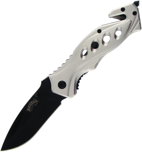 Frost Cutlery Linerlock A/O Silver Glass Breaker Belt Cutter Knife 18282S