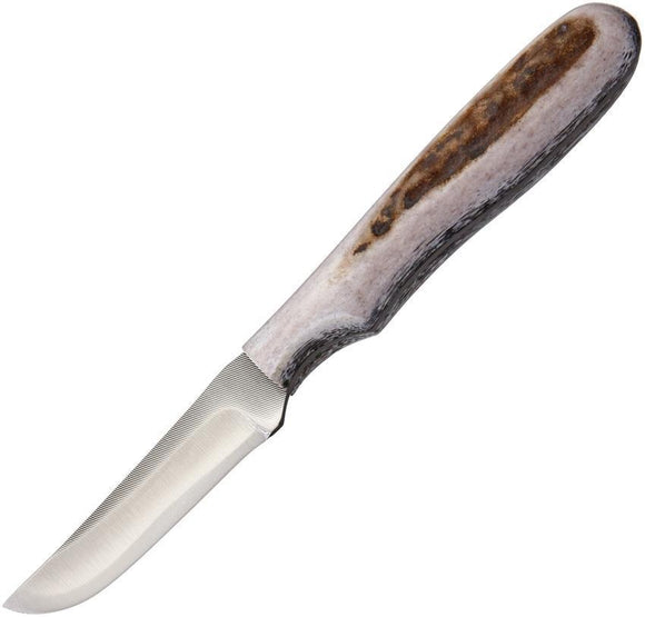 Anza Full Elk Stag Handle Fixed Skinner Blade Knife w/ Leather Belt Sheath