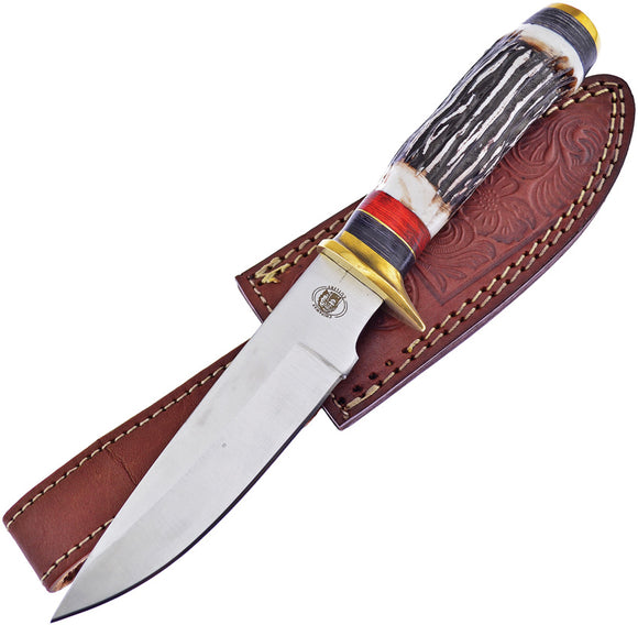 Frost Cutlery Stands Strong Skinner Stag Bone Stainless Fixed Blade Knife w/ Belt Sheath W2070IST