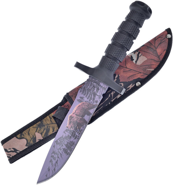 Frost Cutlery Bear Print Fixed Blade Hunting Bowie Knife w/ Sheath C56B