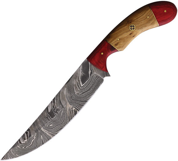 FH Knives Brown & Red Smooth Wood Damascus Steel Fixed Blade Knife 1473