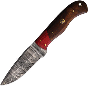 FH Knives Brown & Red Smooth Wood Damascus Steel Fixed Blade Knife 9105DM