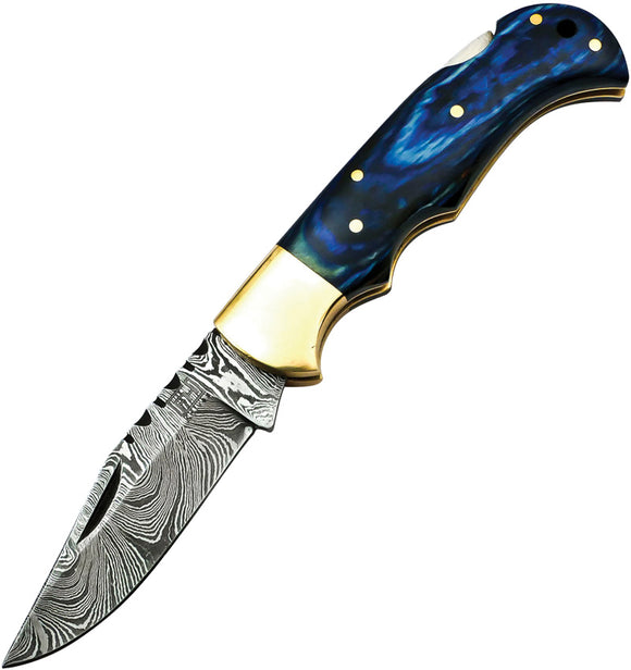 FH Knives Lockback Damascus Blue Folding Damascus Pocket Knife BLU001